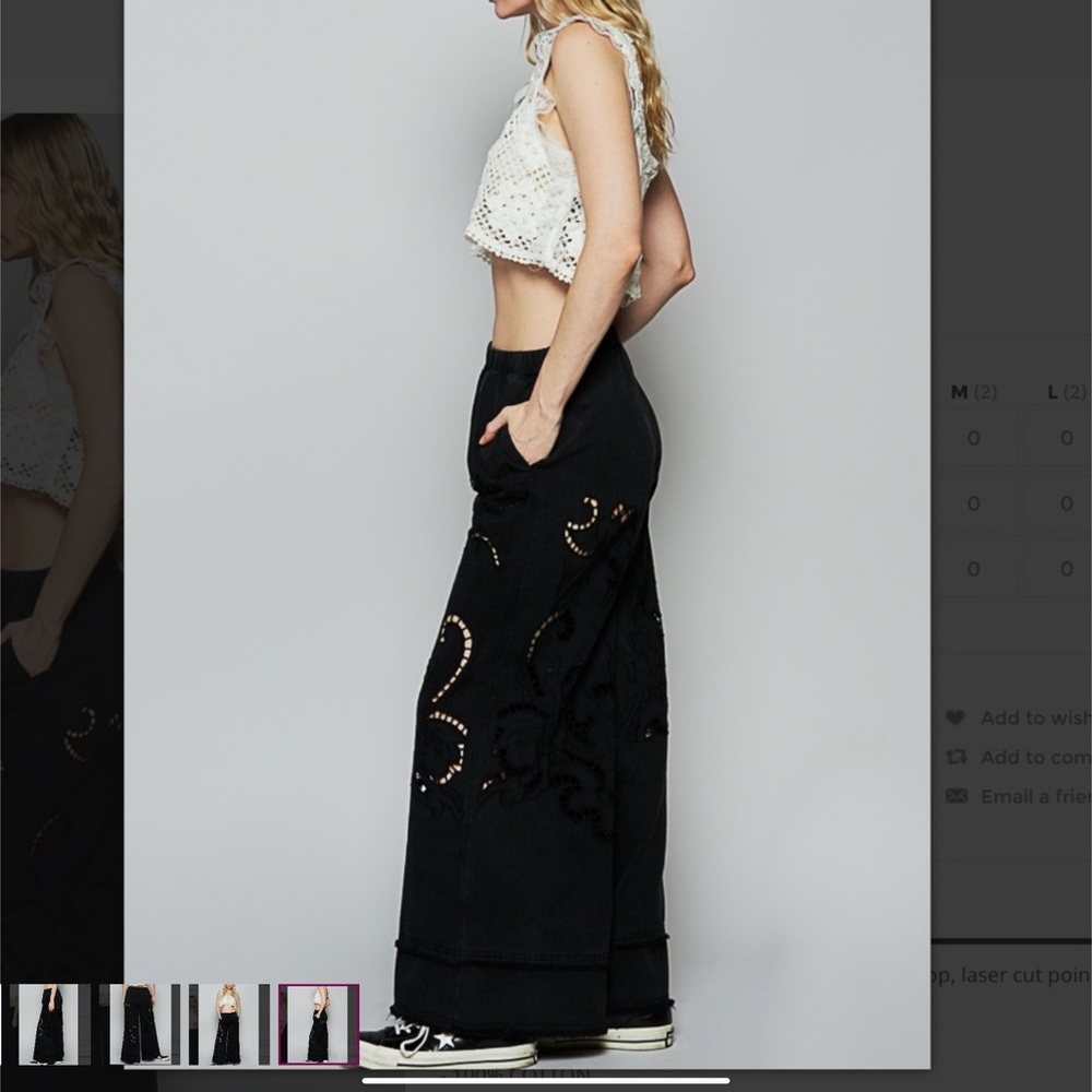 POL Black Wide-Leg Pants with Drawstring with Lazer Cut. Size large.